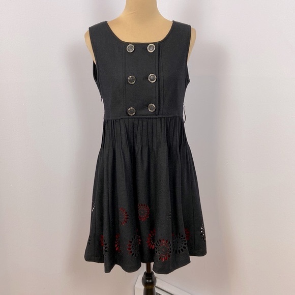Double Breasted Empire A-line Black Wool Blend Die-cut Red Hem Dress Size 6 - Picture 1 of 16
